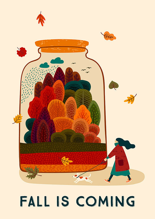 Autumn illustration with cute woman and dog. Vector design for card, poster, flyer, web and other users.