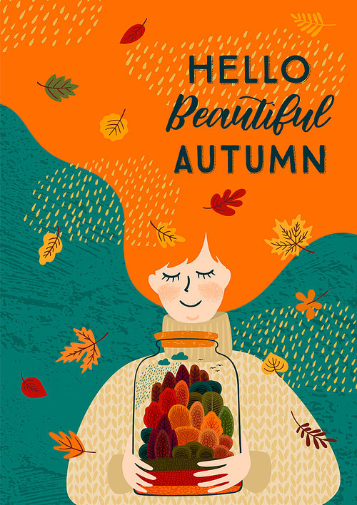 Autumn illustration with cute woman. Vector design for card, poster, flyer, web and other users.