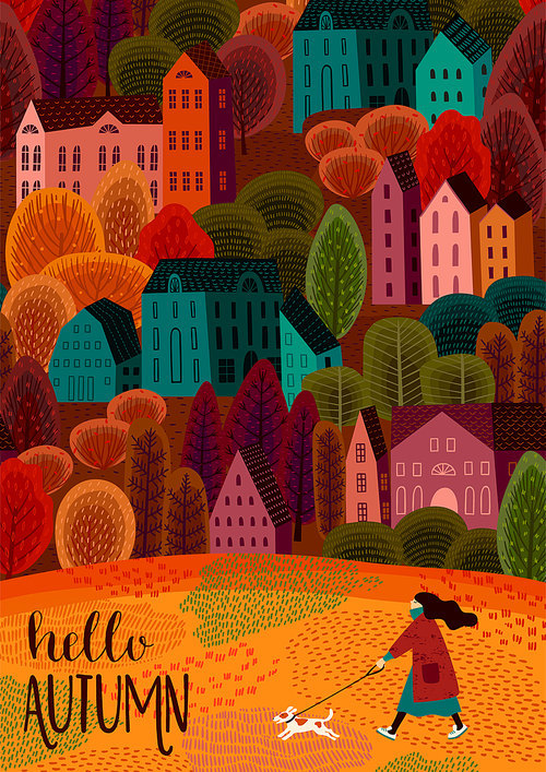 Illustration with autumn city. Vector for card, poster, flyer, cover and other use. Trendy retro style