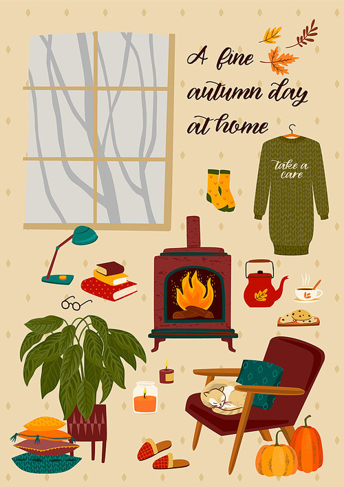 Autumn illustration with homely cute things. Vector design for card, poster, flyer, web and other users.