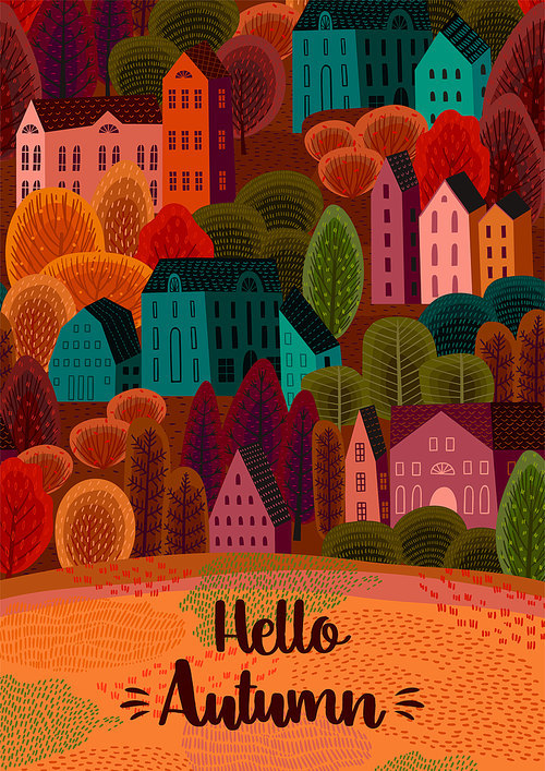 Autumn design with autumn city. Vector for card, poster, flyer, cover and other use. Trendy retro style