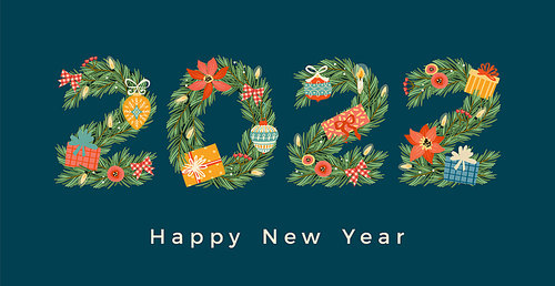 Christmas and Happy New Year illustration with Christmas Garlands. Trendy retro style. Vector design template.