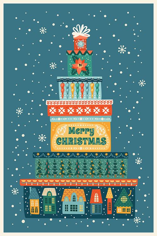 Christmas and Happy New Year illustration with gift boxes. Trendy retro style. Vector design template.