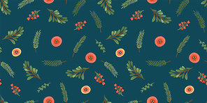 Christmas and Happy New Year seamless pattern. Christmas tree, flowers, berries. New Year symbols.Trendy retro style. Vector design template.