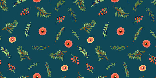 Christmas and Happy New Year seamless pattern. Christmas tree, flowers, berries. New Year symbols.Trendy retro style. Vector design template.