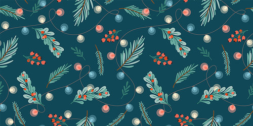 Christmas and Happy New Year seamless pattern. Garlands, christmas tree, light bulbs, berries. New Year symbols.Trendy retro style. Vector design template.