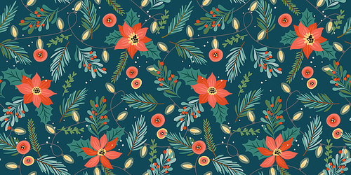Christmas and Happy New Year seamless pattern. Garlands, christmas tree, light bulbs, flowers, berries. New Year symbols.Trendy retro style. Vector design template.