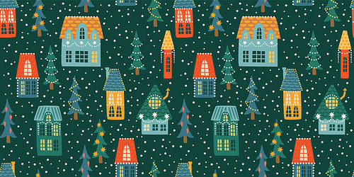 Christmas and Happy New Year seamless pattern. City, houses, Christmas trees, snow. New Year symbols.Trendy retro style. Vector design template.