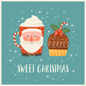 Christmas and Happy New Year illustration with christmas sweet and drink. Trendy retro style. Vector design template.