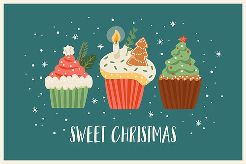 Christmas and Happy New Year illustration with christmas sweets. Trendy retro style. Vector design template.