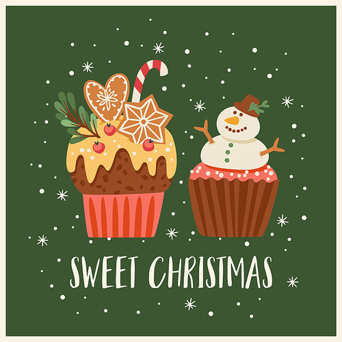 Christmas and Happy New Year illustration with christmas sweets. Trendy retro style. Vector design template.
