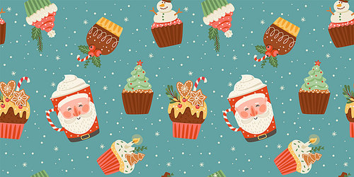 Christmas and Happy New Year seamless pattern with christmas sweet and drink. Trendy retro style. Vector design template.