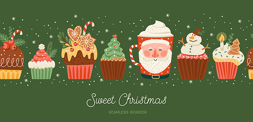 Christmas and Happy New Year seamless border with christmas sweet and drink. Trendy retro style. Vector design template.