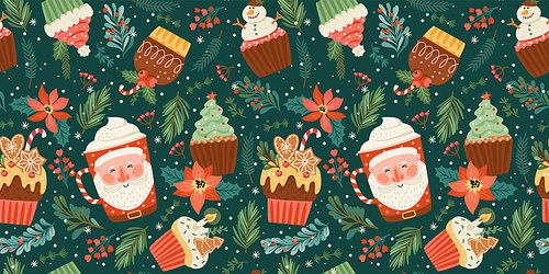 Christmas and Happy New Year seamless pattern with christmas sweet and drink. Vector design template.