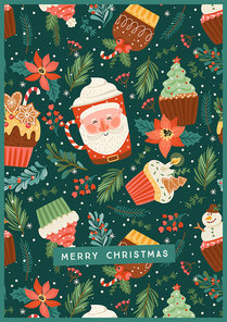 Christmas and Happy New Year illustration with christmas sweet and drink. Trendy retro style. Vector design template.