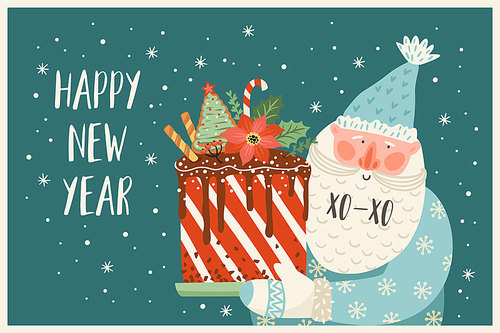 Christmas and Happy New Year illustration of Santa with cake. Trendy retro style. Vector design template.