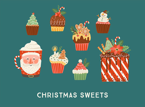 Set of Christmas sweets and drink. Cute vector illustrations.