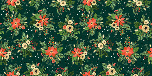 Christmas and Happy New Year seamless pattern. Christmas tree, flowers, berries. New Year symbols.Trendy retro style. Vector design template.