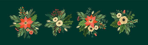 Set of Christmas and Happy New Year flower arrangements. Christmas tree, flowers, berries. New Year symbols. Vector design template.