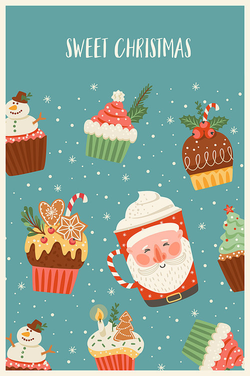 Christmas and Happy New Year illustration with christmas sweet and drink. Trendy retro style. Vector design template.
