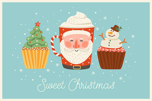 Christmas and Happy New Year illustration with christmas sweets and drink. Trendy retro style. Vector design template.