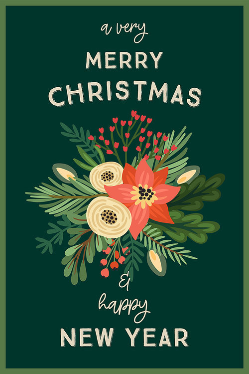 Christmas and Happy New Year illustration with flower arrangement. Christmas tree, flowers, berries. New Year symbols. Vector design template.