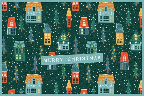 Christmas and Happy New Year illustration. City, houses, Christmas trees, snow. New Year symbols. Vector design template.