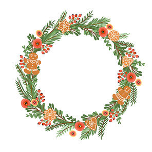 Christmas and Happy New Year illustration with Christmas wreath. Vector design template.