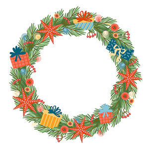 Christmas and Happy New Year illustration with Christmas wreath. Vector design template.