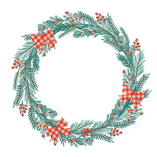 Christmas and Happy New Year illustration with Christmas wreath. Vector design template.