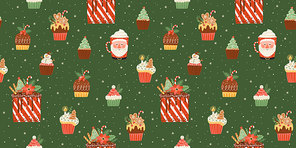 Christmas and Happy New Year seamless pattern with christmas sweets and drink. Vector design template.