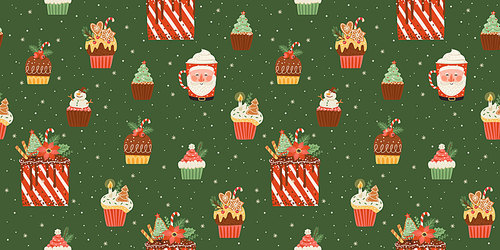 Christmas and Happy New Year seamless pattern with christmas sweets and drink. Vector design template.
