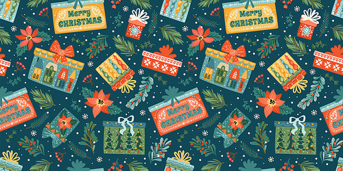 Christmas and Happy New Year seamless pattern with gift boxes. Trendy retro style. Vector design template.