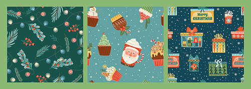 Set of Christmas and Happy New Year seamless patterns with christmas sweets, gift boxes, spruce twigs . Vector design template.
