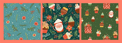 Set of Christmas and Happy New Year seamless patterns with christmas sweets and spruce twigs . Vector design template.