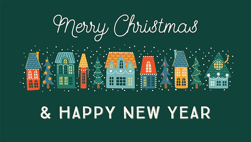Christmas and Happy New Year banner. City, houses, Christmas trees, snow. New Year symbols.Trendy retro style. Vector design template.