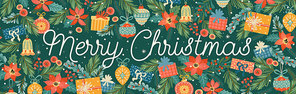 Christmas and Happy New Year banner with Christmas decorations. Trendy retro style. Vector design template.