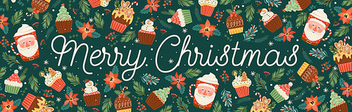 Christmas and Happy New Year banner with christmas sweet and drink. Trendy retro style. Vector design template.
