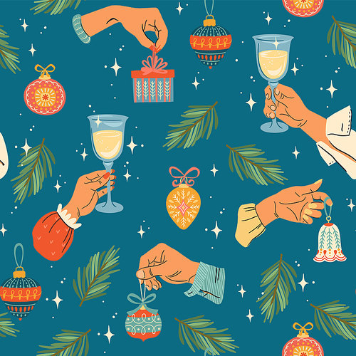 Christmas and Happy New Year seamless pattern with male and female hands. Trendy retro style. Vector design template.