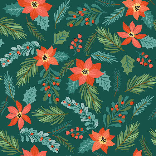 Christmas and Happy New Year seamless pattern with needles and flowers. Trendy retro style. Vector design template.