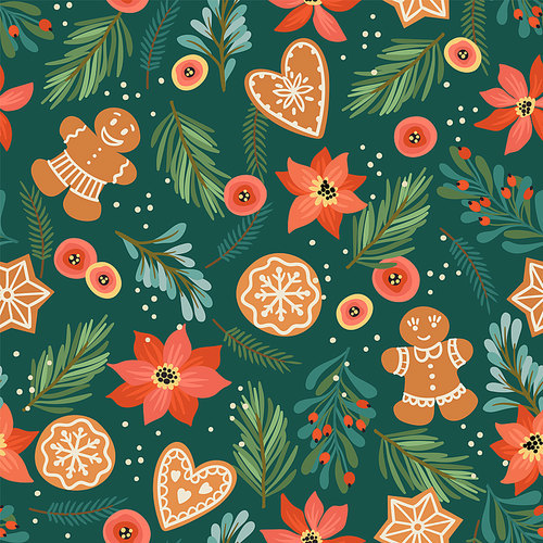 Christmas and Happy New Year seamless pattern with needles, flowers and gingerbread. Vector design template.