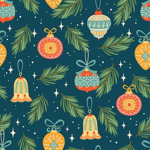 Christmas and Happy New Year seamless pattern with Christmas decorations. Trendy retro style. Vector design