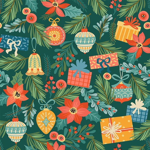 Christmas and Happy New Year seamless pattern with Christmas decorations, flowers and giftsTrendy retro style. Vector design
