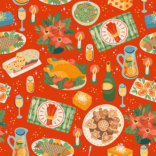 Christmas and Happy New Year seamless pattern with festive meal. Trendy retro style. Vector design template.