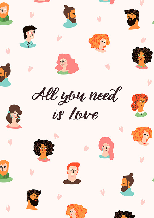 Romantic illustration with cute young women and men in love. Love story, relationship. Vector design concept for Valentines Day and other users.