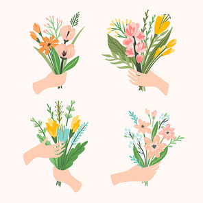 Vector illustration bouquets of flowers in hands. Design template for card, poster, flyer and other users