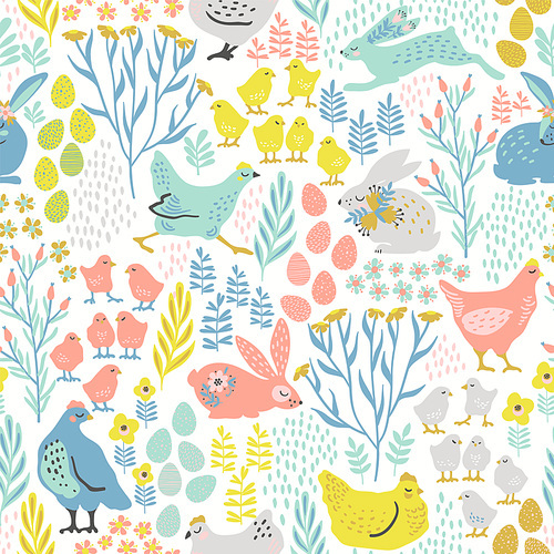 Vector seamless pattern with bunnies and chicken for Easter and other users. Design element.