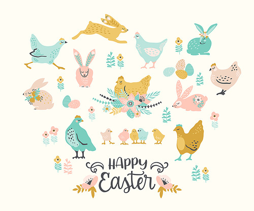 Happy Easter. Vector set of easter chicken and bunnies for card, poster, flyer and other users. Design element.