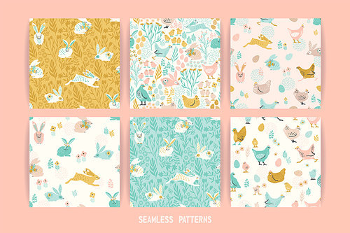 Vector seamless patterns with bunnies and chicken for Easter and other users. Design element.