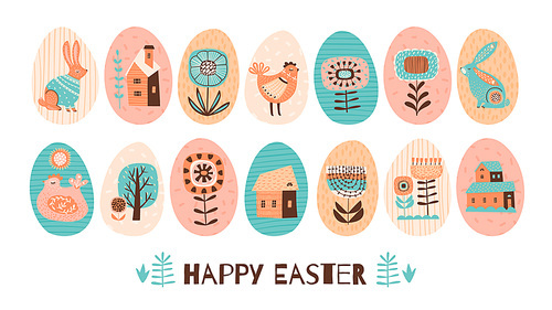 Happy Easter. Vector set of Easter eggs with holiday symbols. Design element.